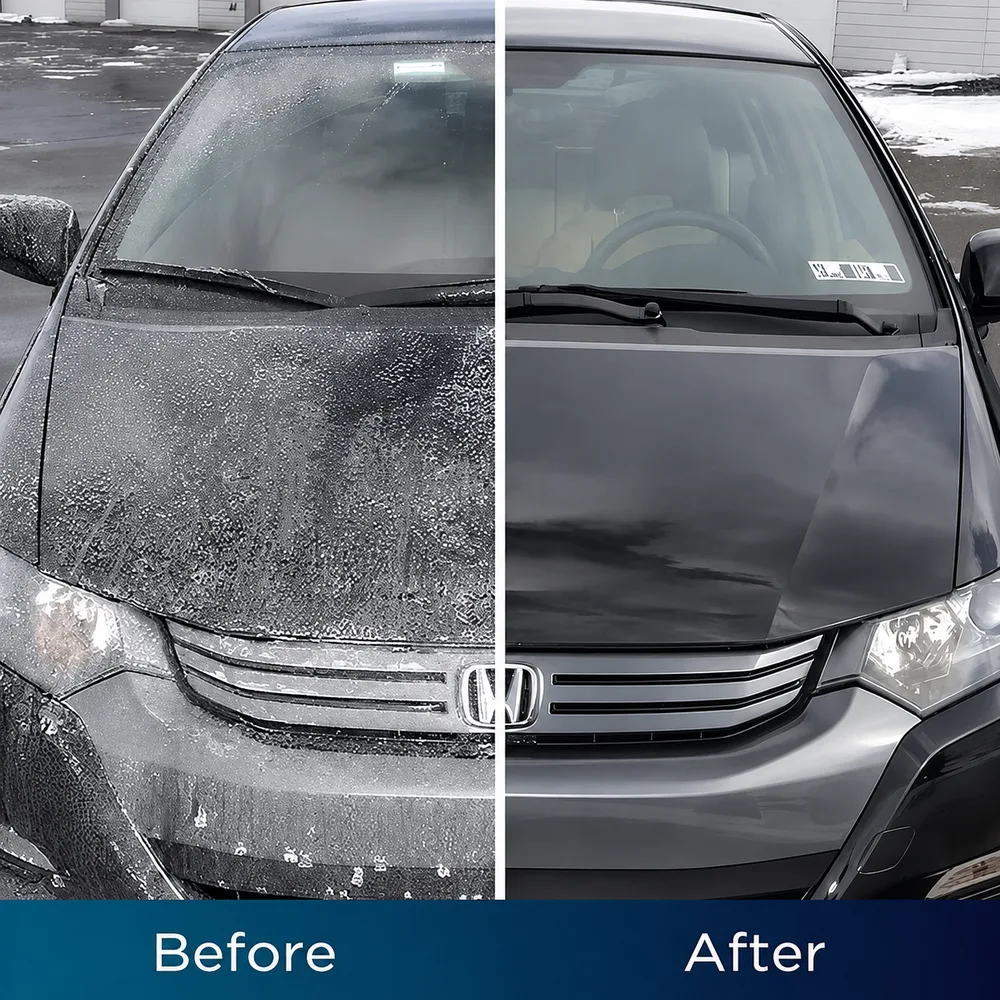 Before and after rinsing a mud-covered car with TurboJet