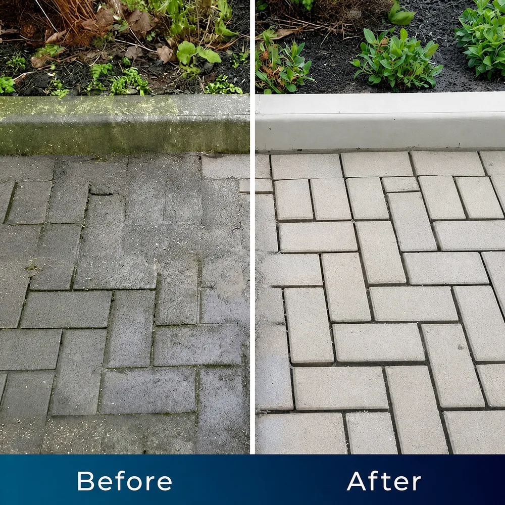 Half-cleaned paving showing the difference TurboJet makes on Australian pavers
