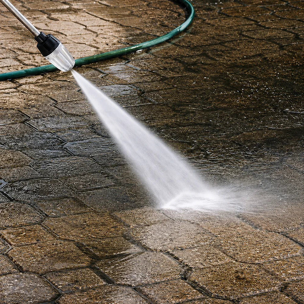 TurboJet high-pressure water blaster attached to a garden hose, cleaning a concrete driveway