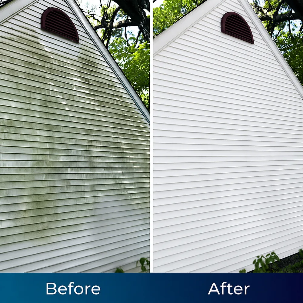 Before and after removing mould from wall cladding with TurboJet