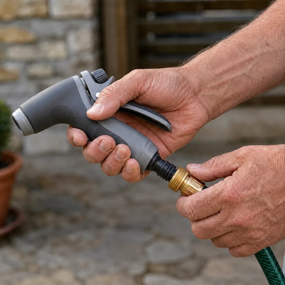 Hands attaching the TurboJet nozzle to a standard Australian garden hose fitting