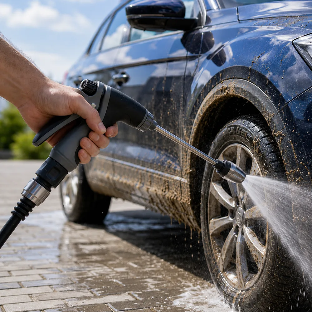 Washing 4WD wheels and paintwork with the TurboJet water blaster